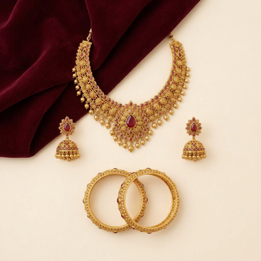 Royal Maroon Velvet Set arranged flat on ivory with maroon velvet
